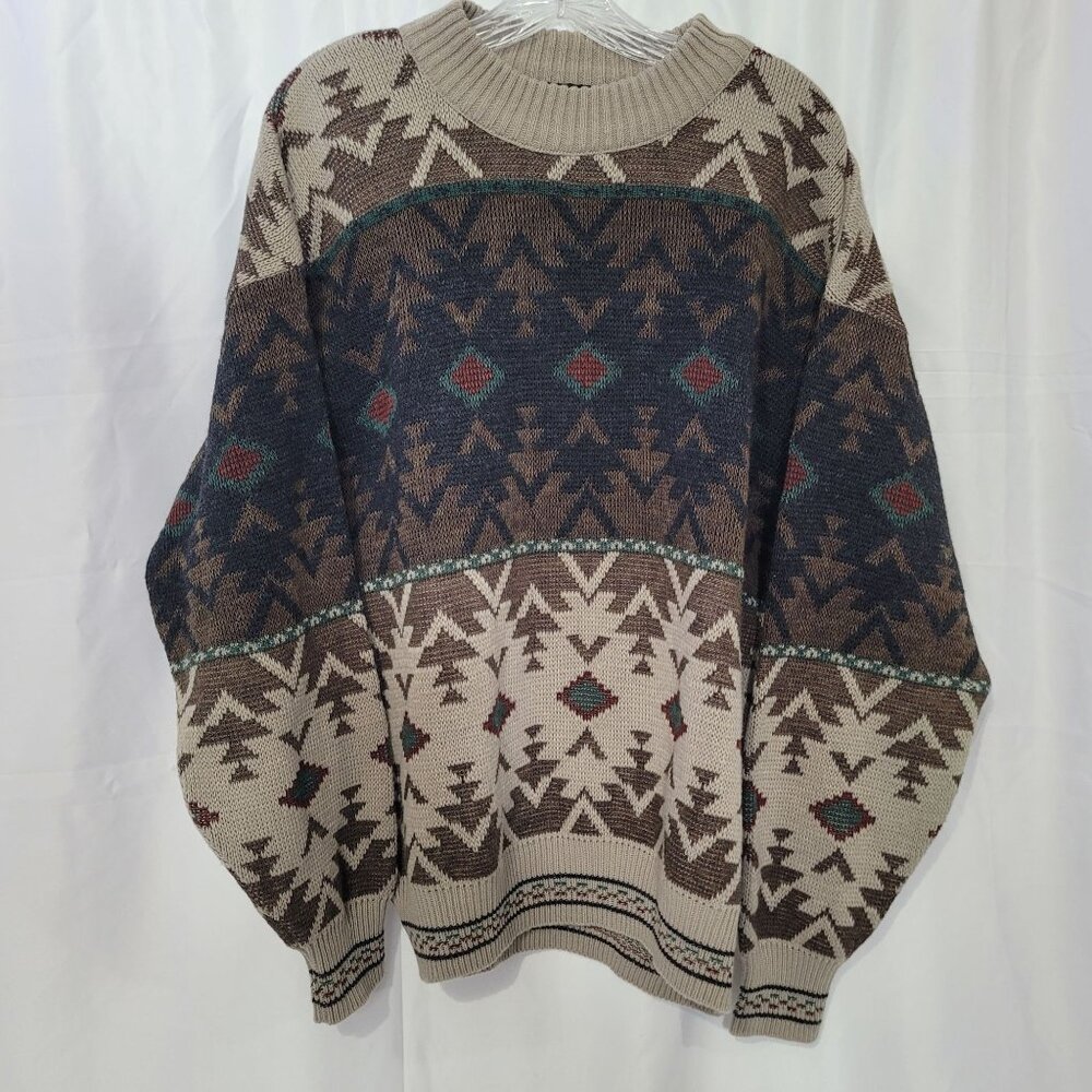 VTG The Italian Sweater Co Men's Brown Geometric Knit Crewneck Sweater Size L
